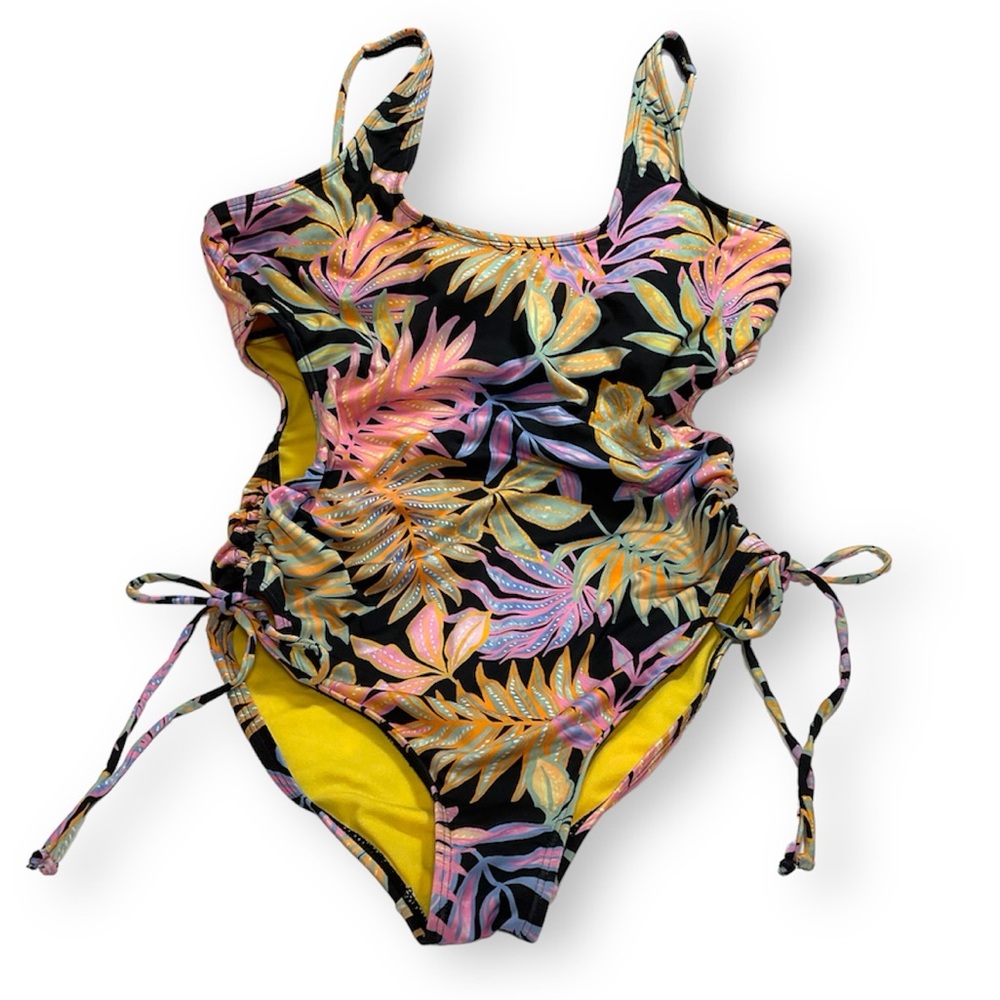 Hurley Tropical Leaves Side Cutouts Side Ties One Piece Swimsuit